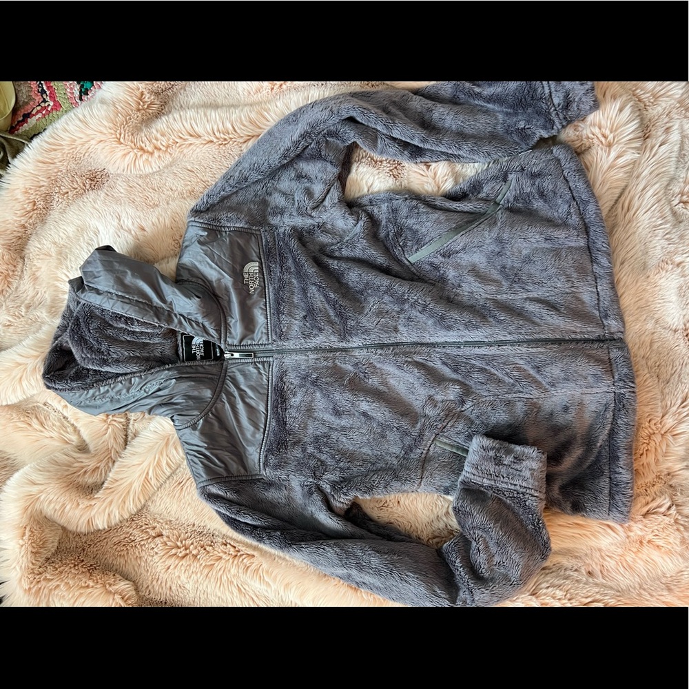 North Face Size Small Grey Fuzzy Jacket with Hood.
